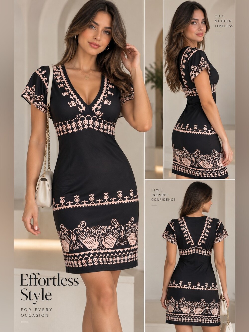 SHEIN Black Printed V Neck Dress Size M